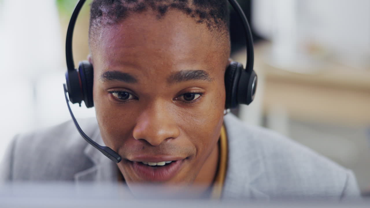 Customer service, online and face of black man