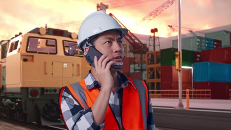 close up of asian male engineer with safety helmet talking on smartphone while standing with freight cargo train at port