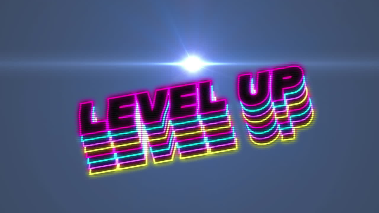 파란색 배경 위의 레벨 업 텍스트의 애니메이션
