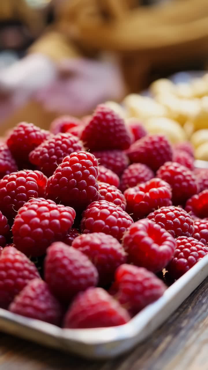 Close-up of Red Raspberries on a Tray