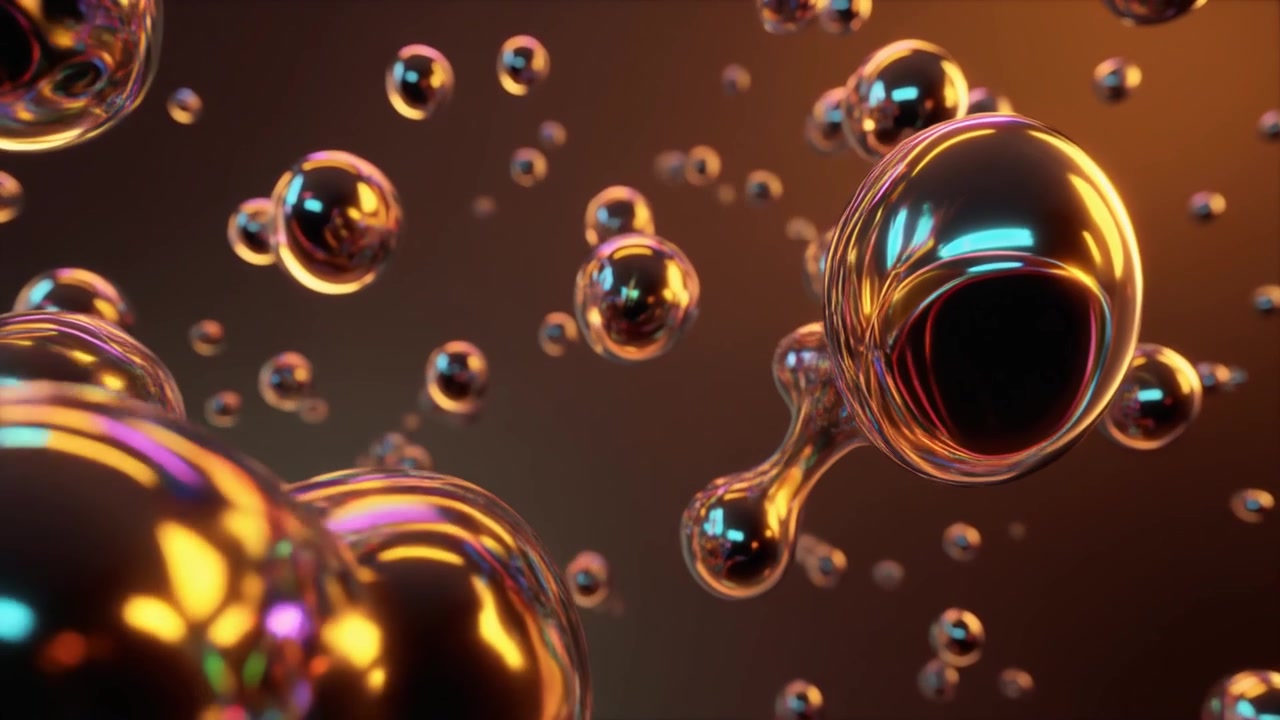 Abstrakt 3D-animation af svævende iriserende flydende kugler