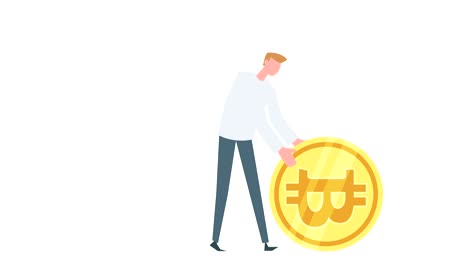animación de personaje de hombre colorido. hombre empuja rollos situación de la moneda bitcoin