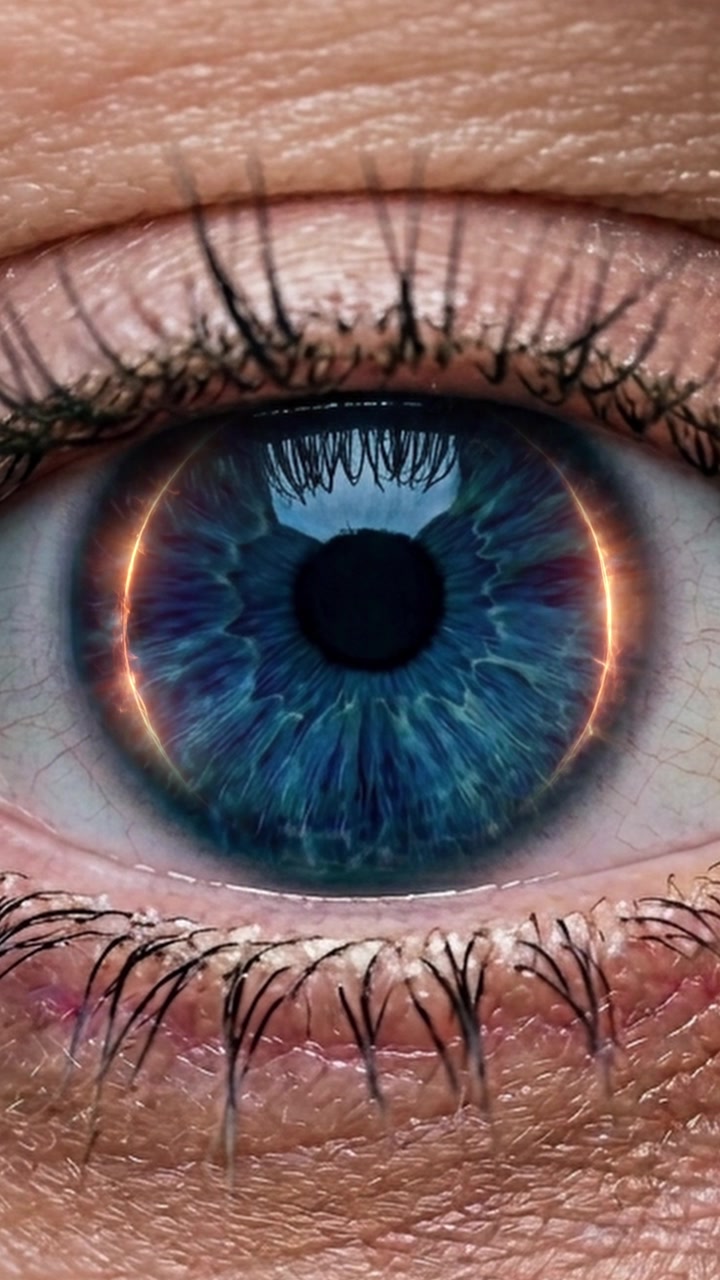Primer plano vertical de ojo azul con superposición de anillo tecnológico de fuego brillante, bucle sin fin