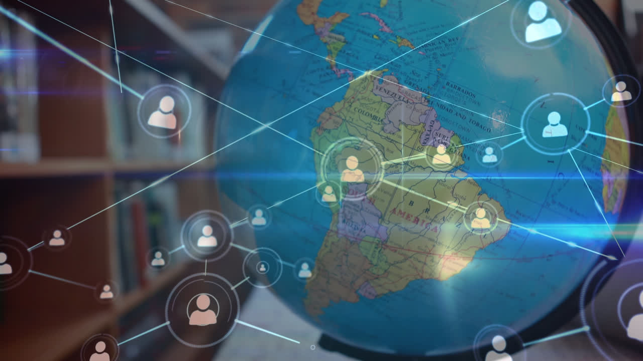 animación de la red de conexiones con personas iconos en todo el mundo en la biblioteca de la escuela