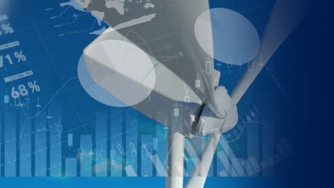 animación digital del procesamiento de datos financieros sobre el molino de viento girando contra un fondo azul