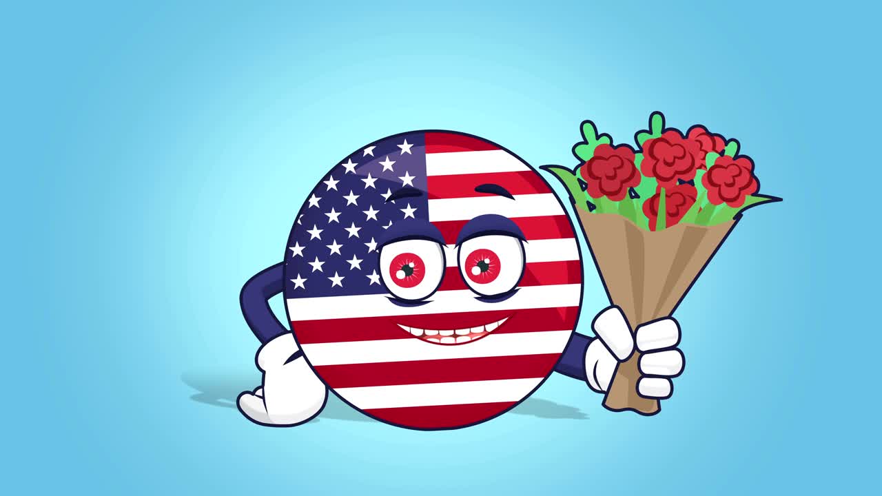 icono de dibujos animados bandera de los estados unidos de américa flores ramo con animación de la cara