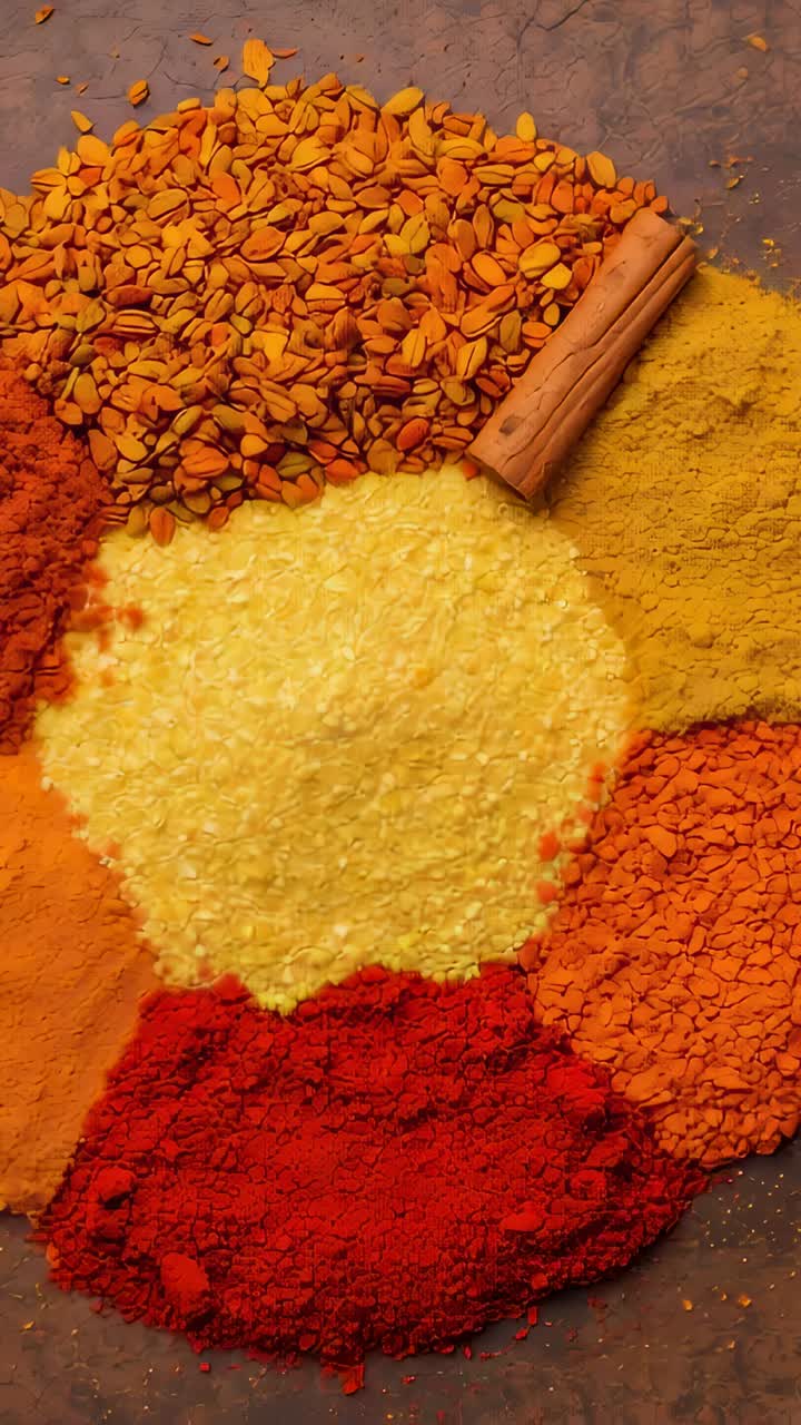 Vertical video: Shifting camera capturing spice flat-lay on slate, showing fenugreek and cinnamon