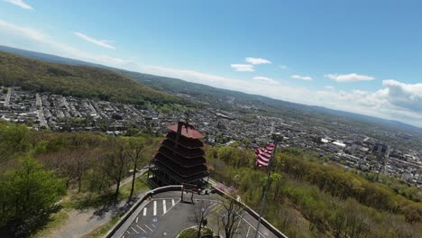 aerial view of a pagoda overlooking a city