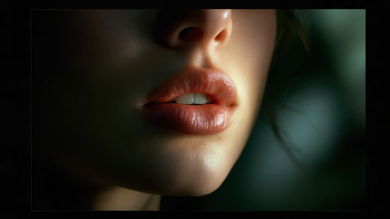 Primo piano di labbra bellissime che catturano la luce in una composizione sottile e artistica, enfatizzando la texture e il dettaglio della pelle e la bellezza naturale.