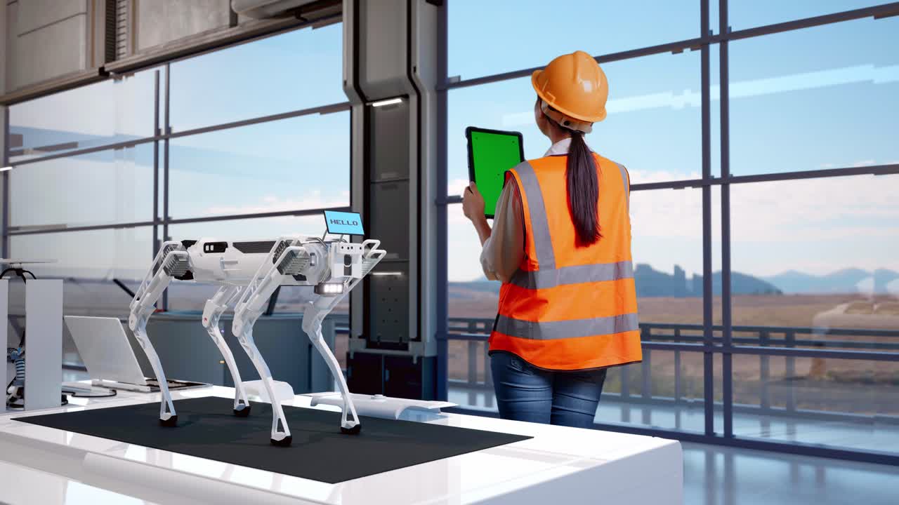 ingeniero de monitoreo perro robot en una fábrica moderna