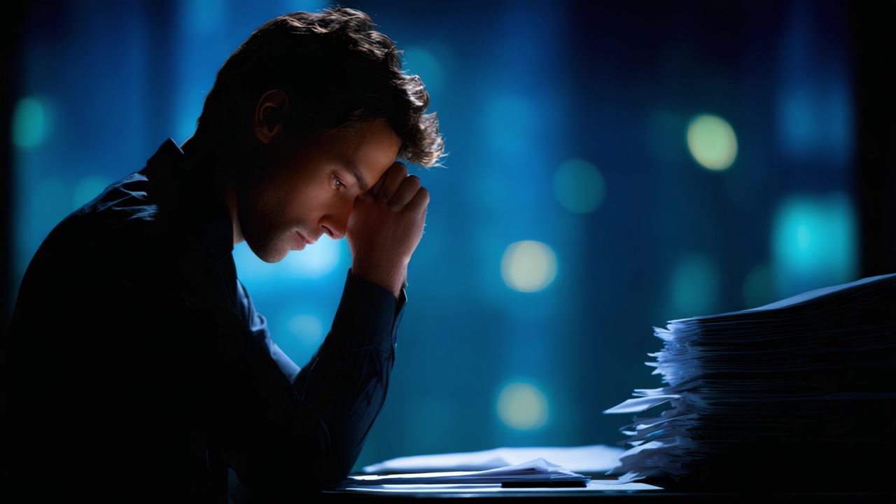 Contemplation in Dim Light: A Young Man Deep in Thought Amidst a Sea of Documents in a Darkened Room, Emphasizing the Struggles of Decision and Focus.