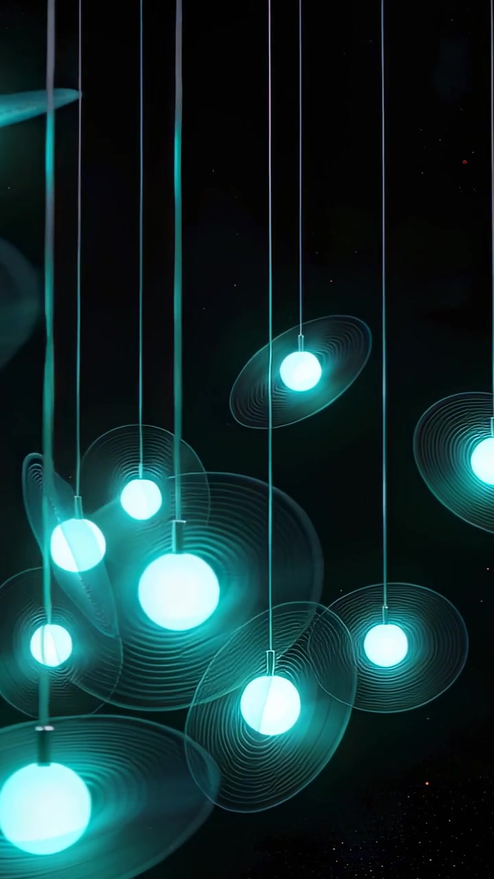 Vertical video: Panning camera revealing lights in gallery to show teal orbs swaying on cable discs