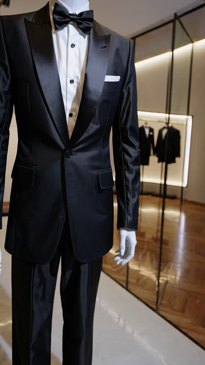 Plano en contrapicado de un maniquí con un elegante esmoquin negro en una sala de exposición moderna, exhibiendo ropa formal.