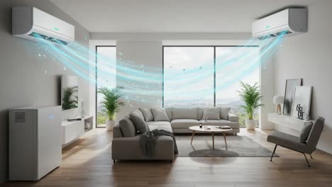 transforming indoor air quality: a showcase of an elegant living space featuring advanced air conditioning systems with cooling breeze effects