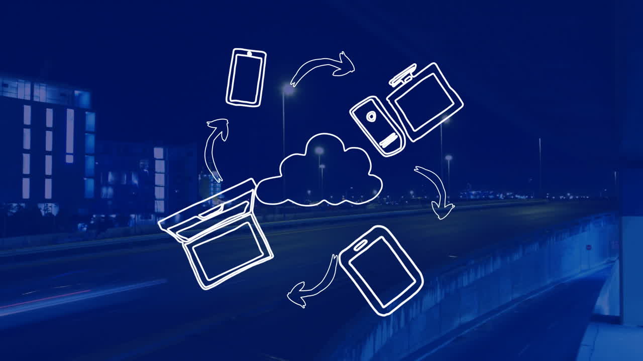 Cloud computing animation connecting various devices over cityscape