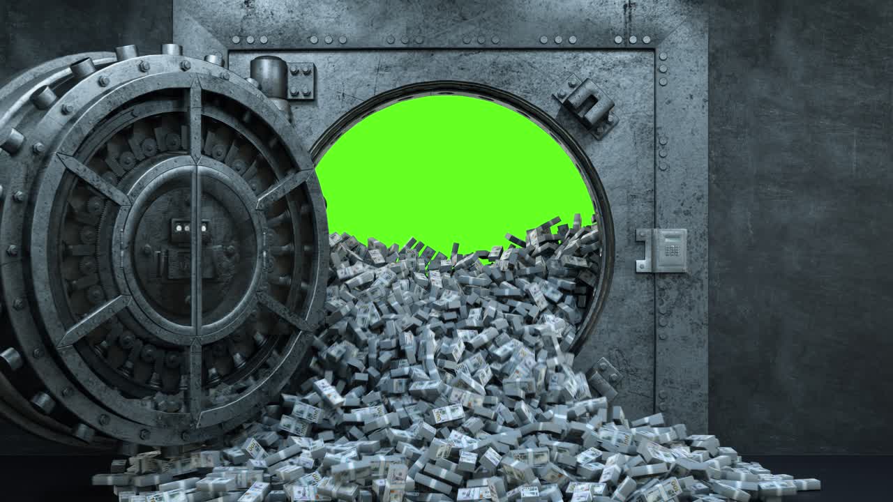 Opening of the vault door in bank with a lot of money on a green background