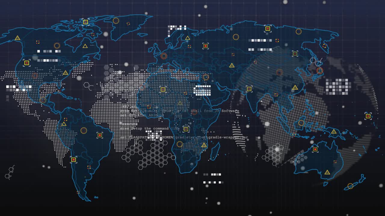 Incoming data activating dotted map, tracing outlines, adding markers, linking lines for analysis
