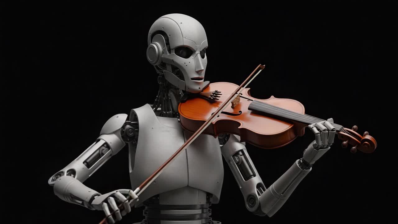 A Futuristic Robot Masterfully Playing the Violin Against a Dark Background, Showcasing a Unique Blend of Art and Technology in Motion