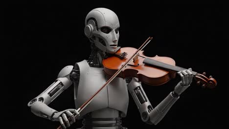 a futuristic robot masterfully playing the violin against a dark background, showcasing a unique blend of art and technology in motion