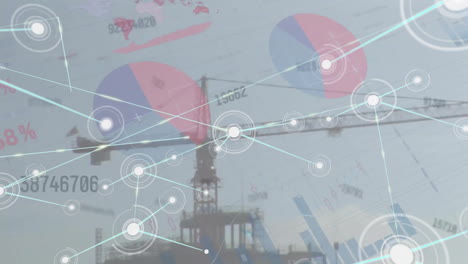 animation of connected dots, changing numbers and infographic interface over crane against sky