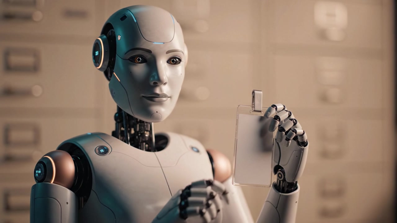 Şeffaf bir nesne tutarken ilgi çekici bir ifadeyle dikkat çeken, son teknoloji ve etkileşimi sergileyen gelişmiş insansı robot