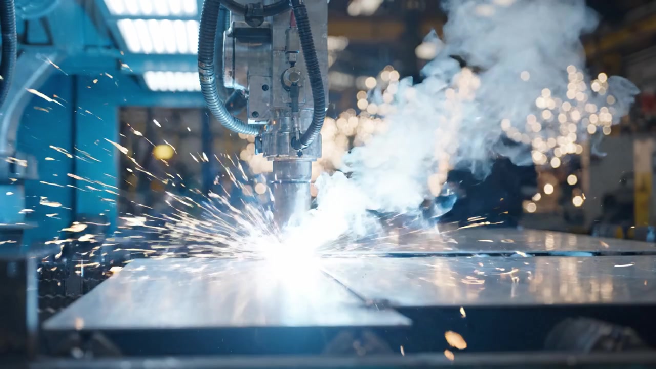 Precision Metal Fabrication Process: Industrial Machine Working on Sheet Metal in a Factory Setting with Background Lights Creating a Unique Atmosphere