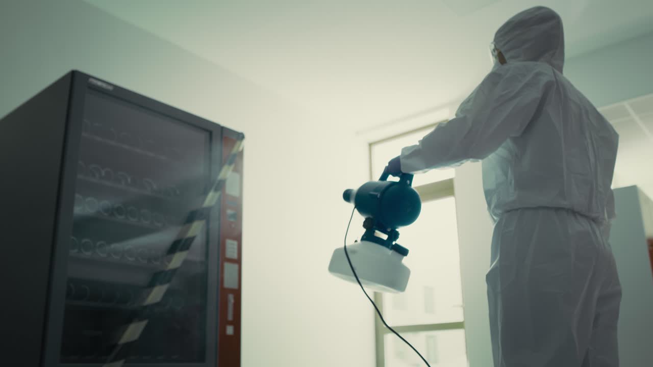 video de un trabajador de saneamiento desinfectando una escuela durante una pandemia.
