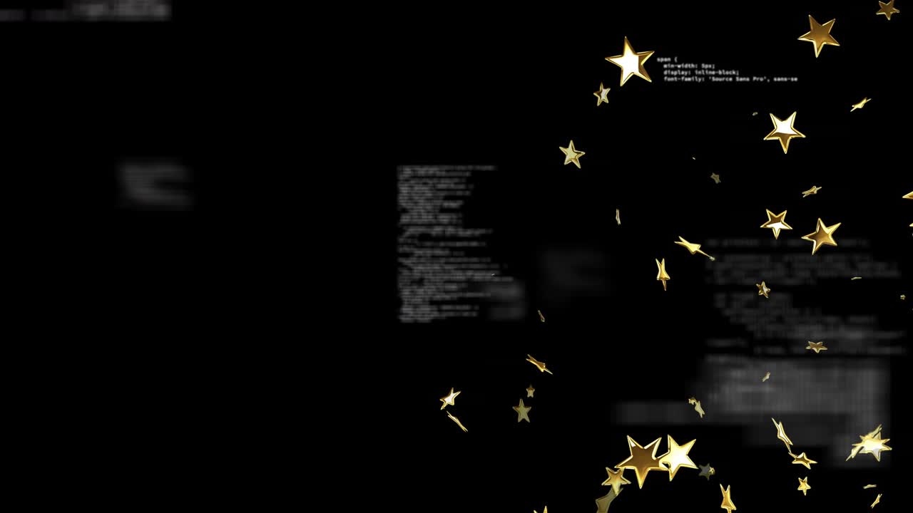 Emettitore di particelle che emette stelle dorate da destra, si sposta a sinistra ruotando, quindi si disperde mostrando il codice