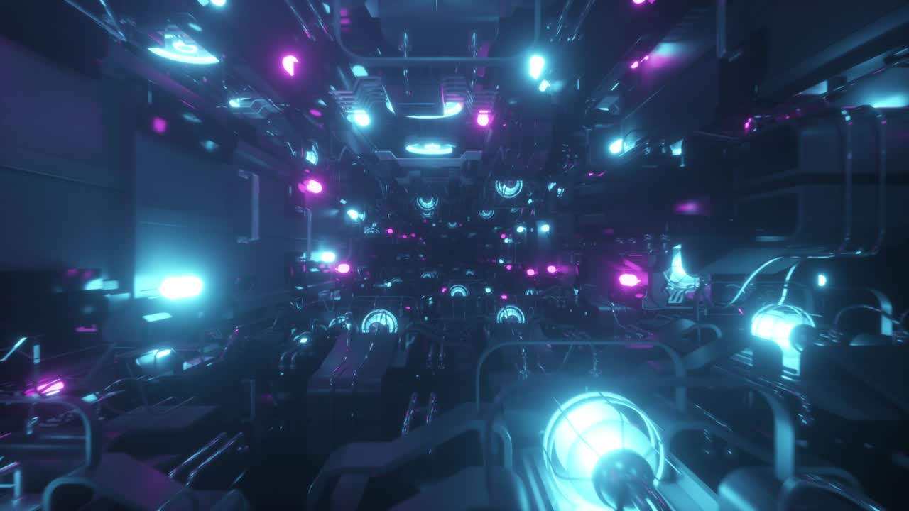 volando en un túnel espacial tecnológico, luz ultravioleta fluorescente, fuentes de luz de neón brillantes, pasillo sin fin, espectro azul-rosa, iluminación moderna de colores.
