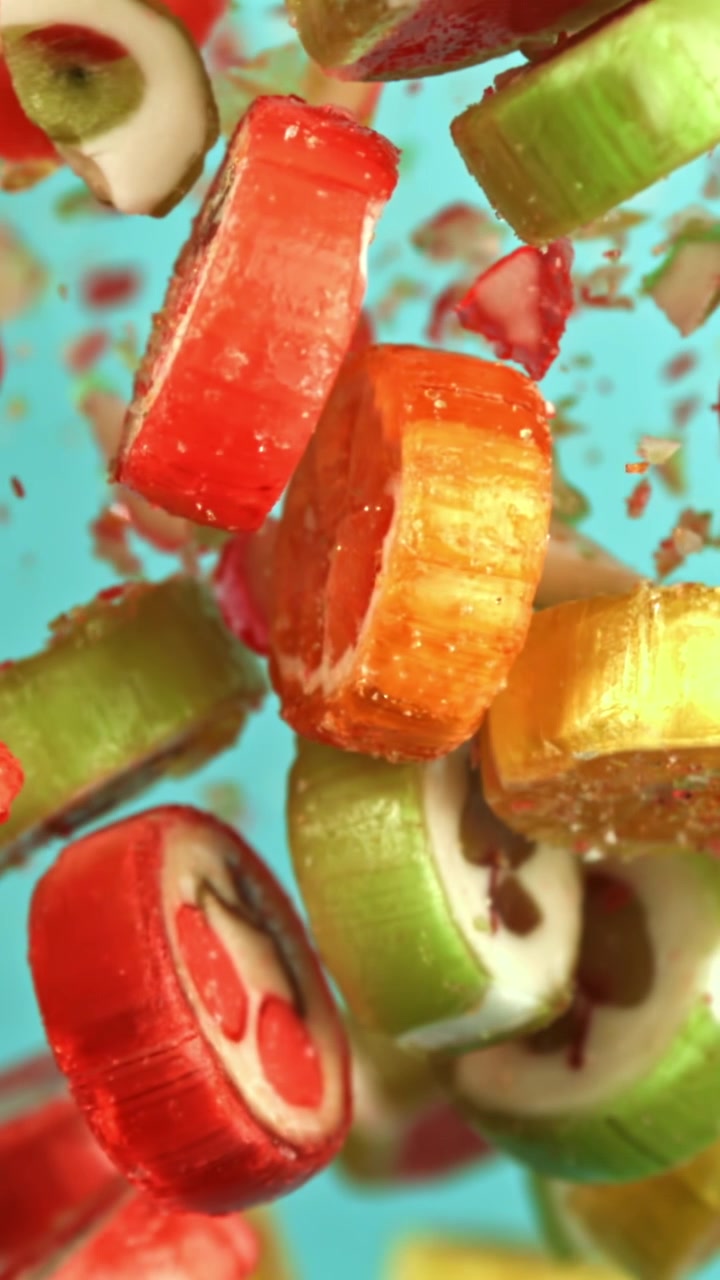 Balas de Frutas Coloridas Caindo em Câmera Lenta