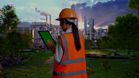back view of asian female engineer with safety helmet working on a green screen tablet and looking around in front of oil refinery