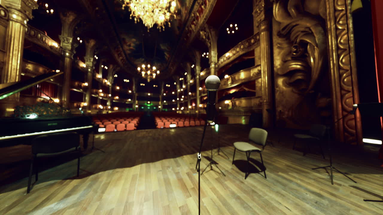 Historic theater interior with elegant chandeliers and grand decor