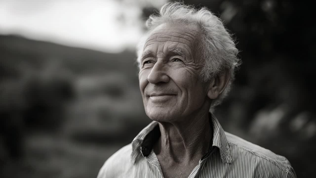 A Thoughtful Elderly Man Gazes into the Distance, Reflecting on Life's Moments in Serene Contemplation under a Gentle Sky