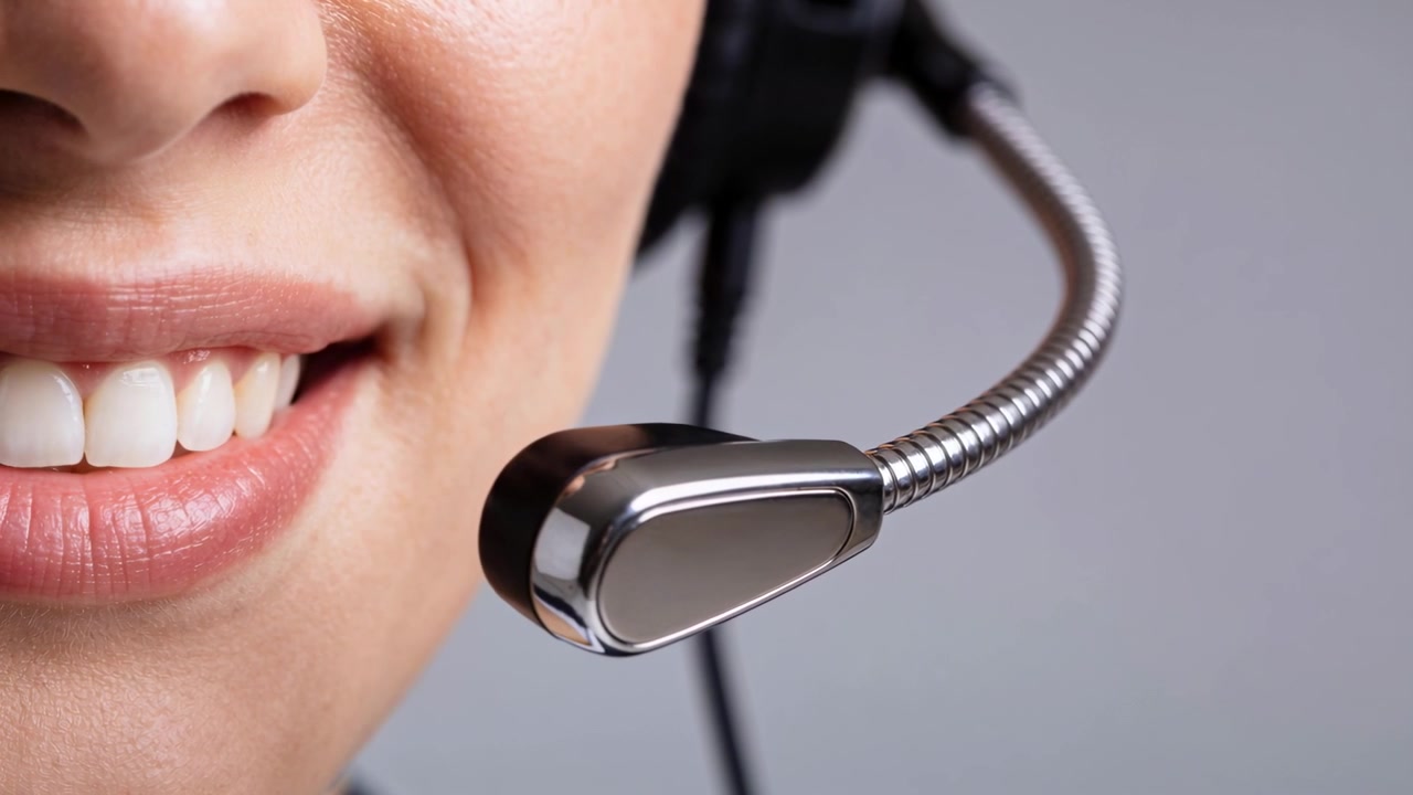 Donna sorridente che parla in un auricolare in un call center mentre la chiamata si connette, mostrando il microfono ad asta.