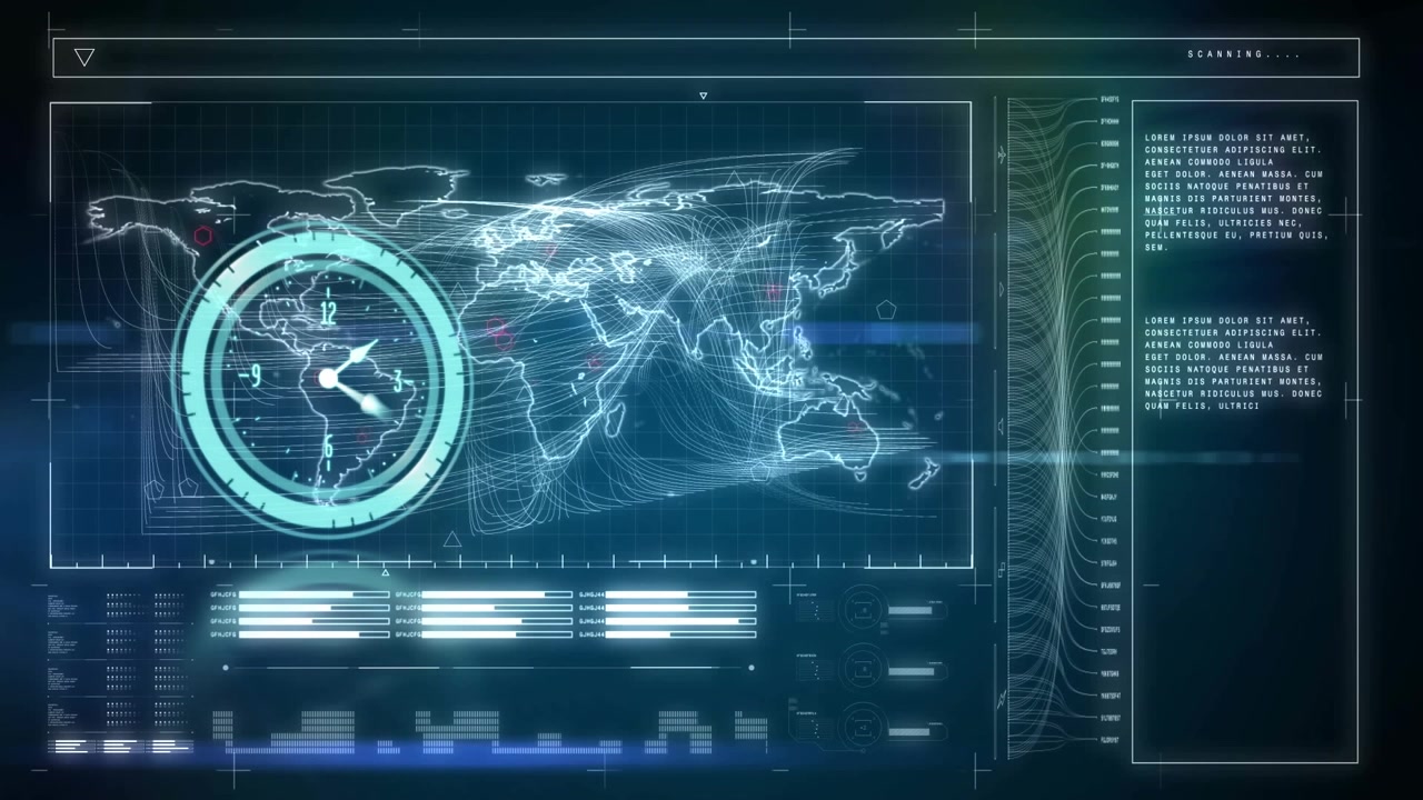 Animation of neon ticking clock over interface with data processing against blue background