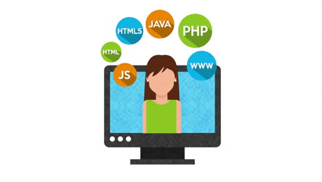 mujer programadora con escritorio e íconos de animación