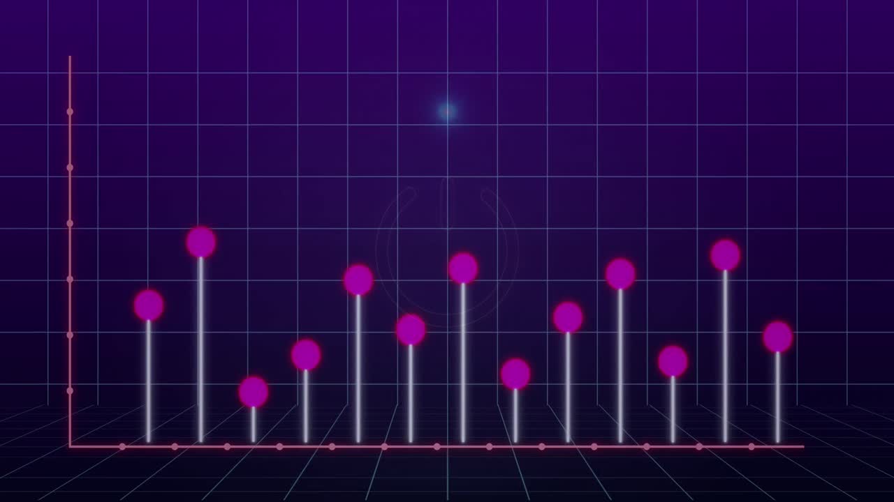 animación del procesamiento de datos estadísticos sobre el icono brillante del botón de encendido contra un fondo púrpura