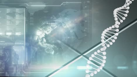 Animation-Eines-DNA-Strangs,-Der-Sich-über-Eine-Digitale-Schnittstelle-Und-Einen-Globus-Dreht