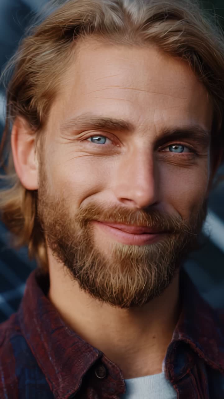 Un primo piano di un uomo sorridente con lunghi capelli biondi e una barba curata, che mette in risalto la sua espressione allegra e i suoi occhi azzurri con illuminazione naturale.