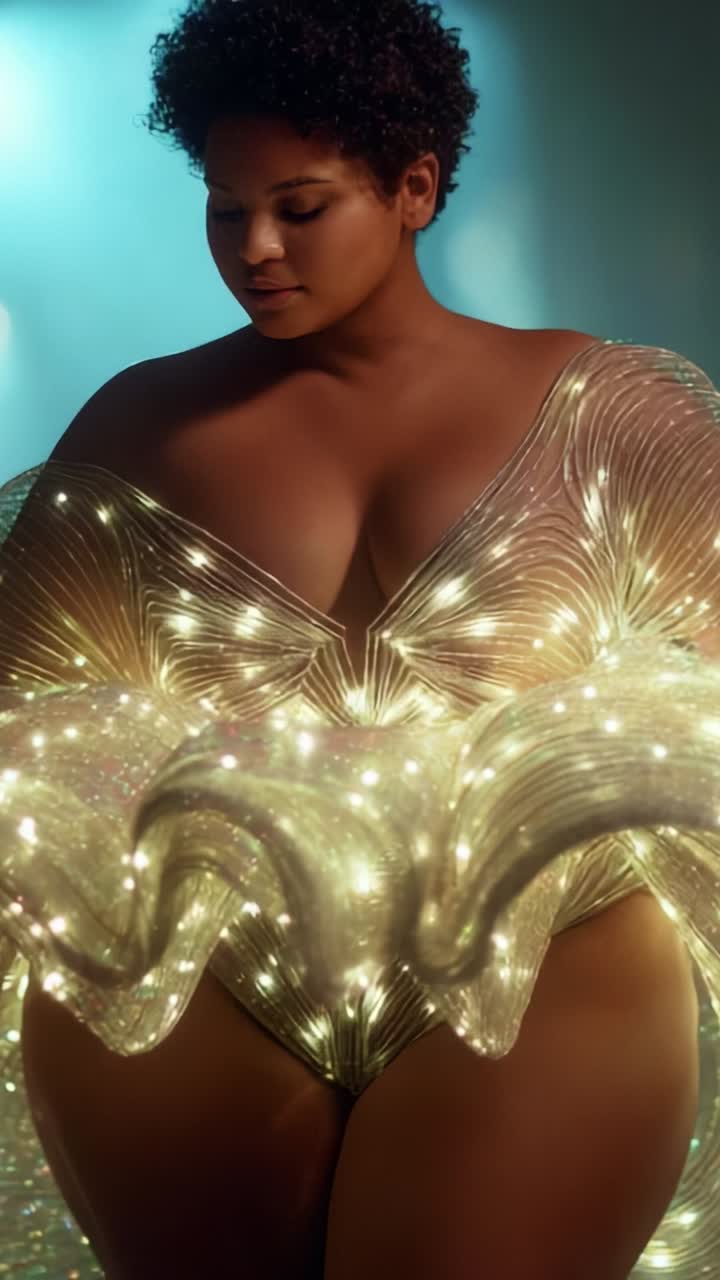 A stunning model adorned in a shimmering outfit radiates confidence and beauty, surrounded by an ethereal glow, highlighting grace and elegance in every frame