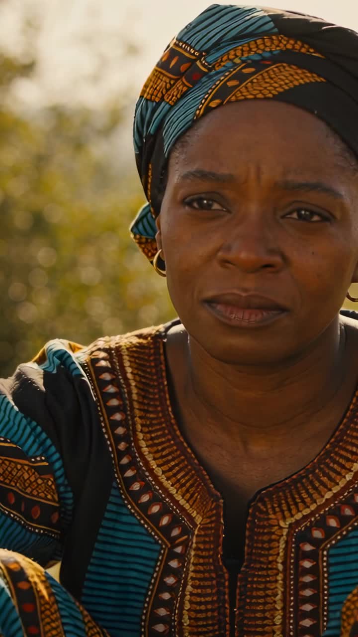 Video verticale: Donna che si sposta, con indosso un pareo e un dashiki, dall'aspetto preoccupato all'aperto mentre la telecamera si avvicina.