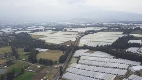 majestic aerial view of highway and many industrial greenhouses in ecuador
