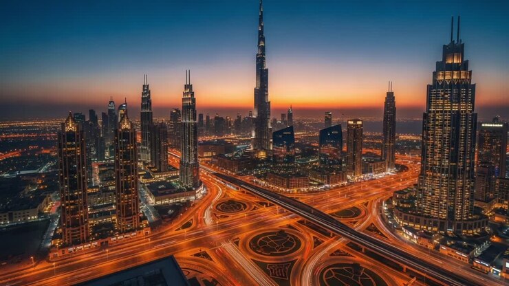 A Stunning Transformation of Urban Landscapes at Dusk: The Majestic Skyline Showcased by Towering Buildings and Illuminated Roads in a Vibrant City Setting