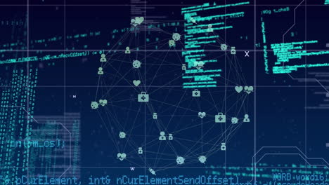animation of spinning globe of medical icons and data processing against blue background