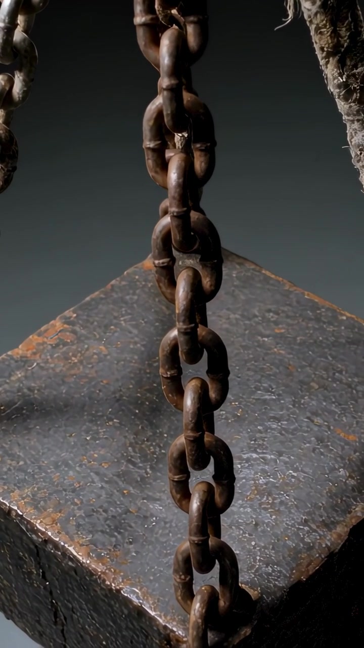 Video vertical: Cadena y bloque oxidados asentándose después de ser soltados en un estudio, mostrando un eslabón de cuerda deshilachada.