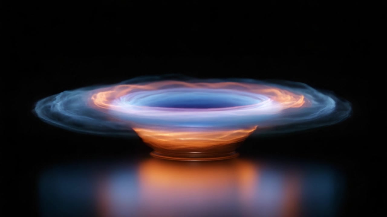 Affascinante flusso di energia: una visualizzazione dinamica di motivi luminosi colorati che emanano da una base circolare, creando un'illusione di movimento e trasformazione.
