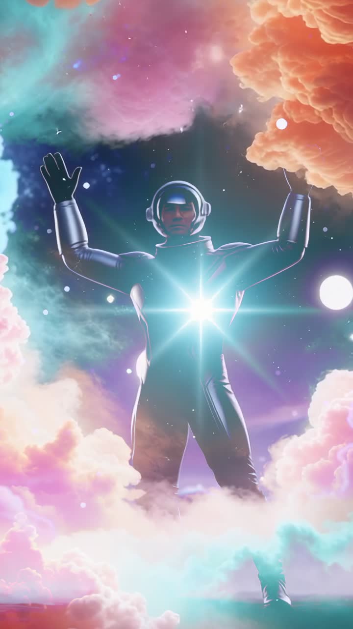 Vertical video: Emerging astronaut raising arms in nebula as clouds part, pulsing star light