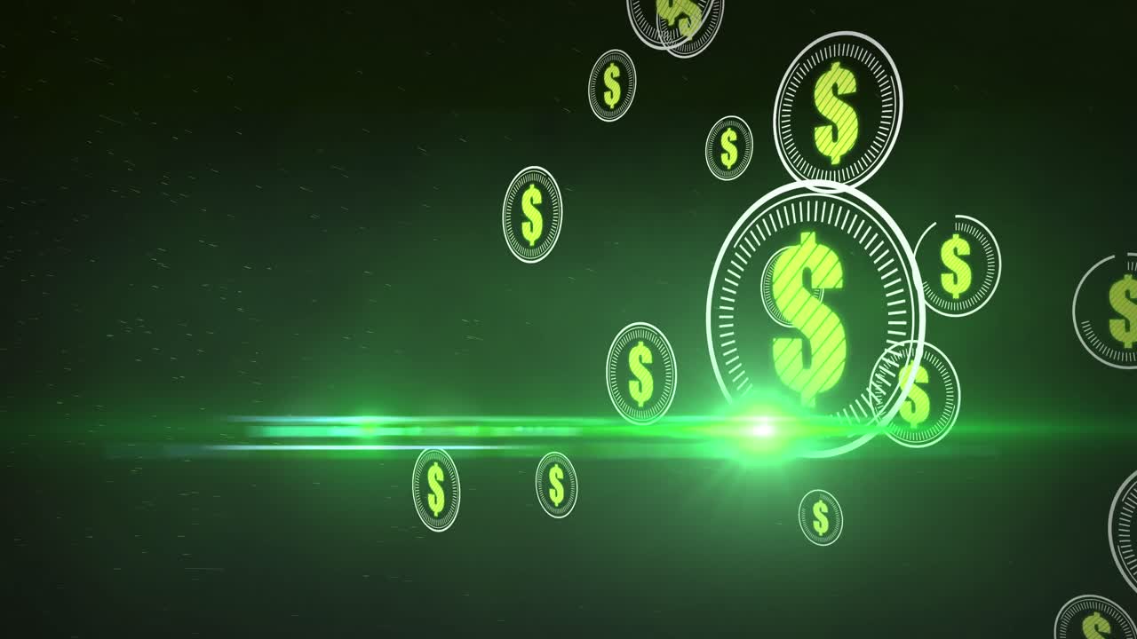 Animazione di simboli del dollaro americano che si muovono su sfondo verde