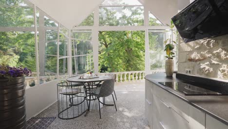 slow dolly shot through a kitchen revealing a backyard with luscious trees in montpellier