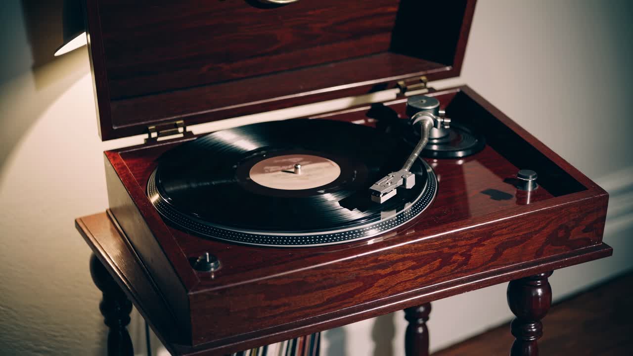 Vintage record player on a wooden stand, captured in a warm, nostalgic style